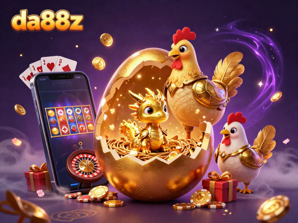 Experience thrilling gameplay at da88z with a golden dragon guarding poker chips amidst a vibrant casino backdrop.