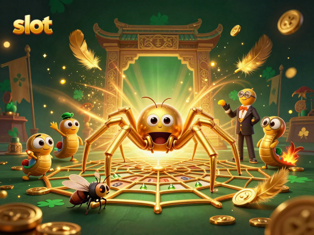 Catch the slot excitement with a golden spider and quirky characters in this dynamic casino scene.