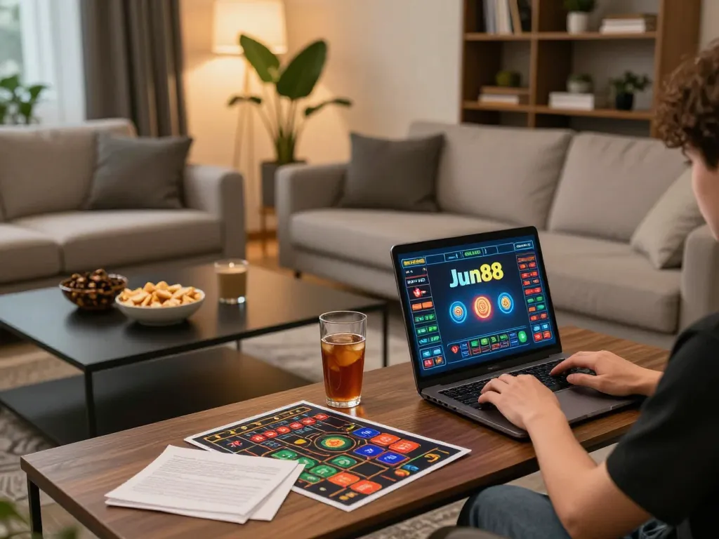 Engaging in online casino gaming at Jun88 with a laptop, showcasing a comfortable and strategic setup