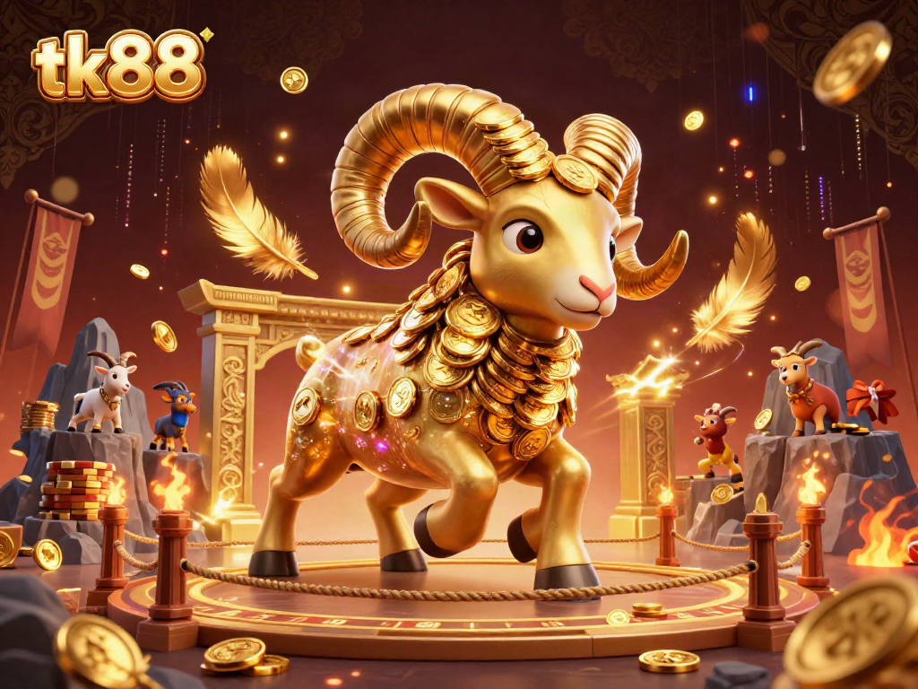 Engage with the exciting scene of tk88 featuring an exhilarating charging ram amidst a vibrant casino setting.
