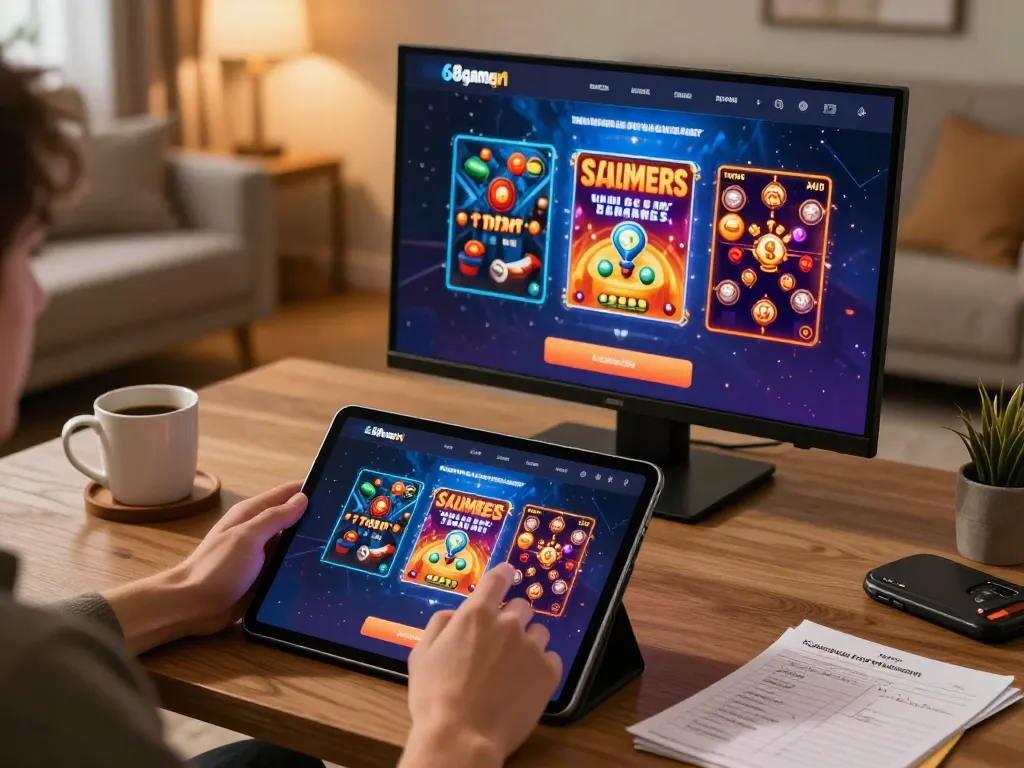 Engaging with the 68gamebaivn app for online gaming in a cozy home setting.