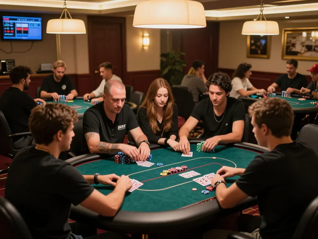 Gamblers strategizing over poker games at 789betgo casino, lively atmosphere and engaged players.