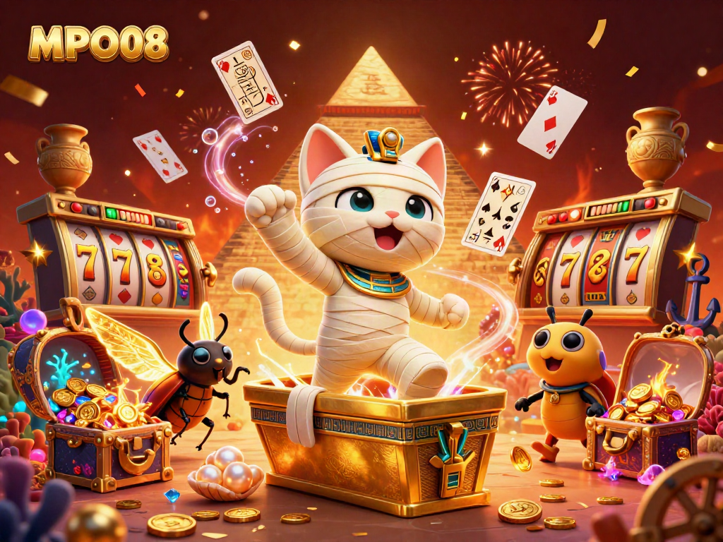 MPO08 brings excitement with a cartoon mummy cat and mythical elements in a vibrant casino environment.