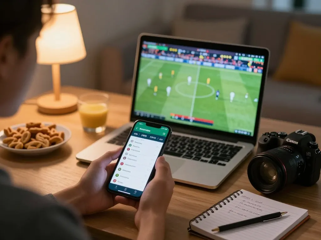 Engaged user placing bets on kèo nhà cái through mobile phone while watching a football game.