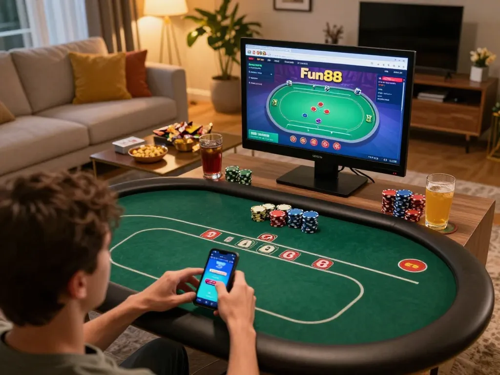 fun88 app in use during an exciting online poker game session in a cozy home