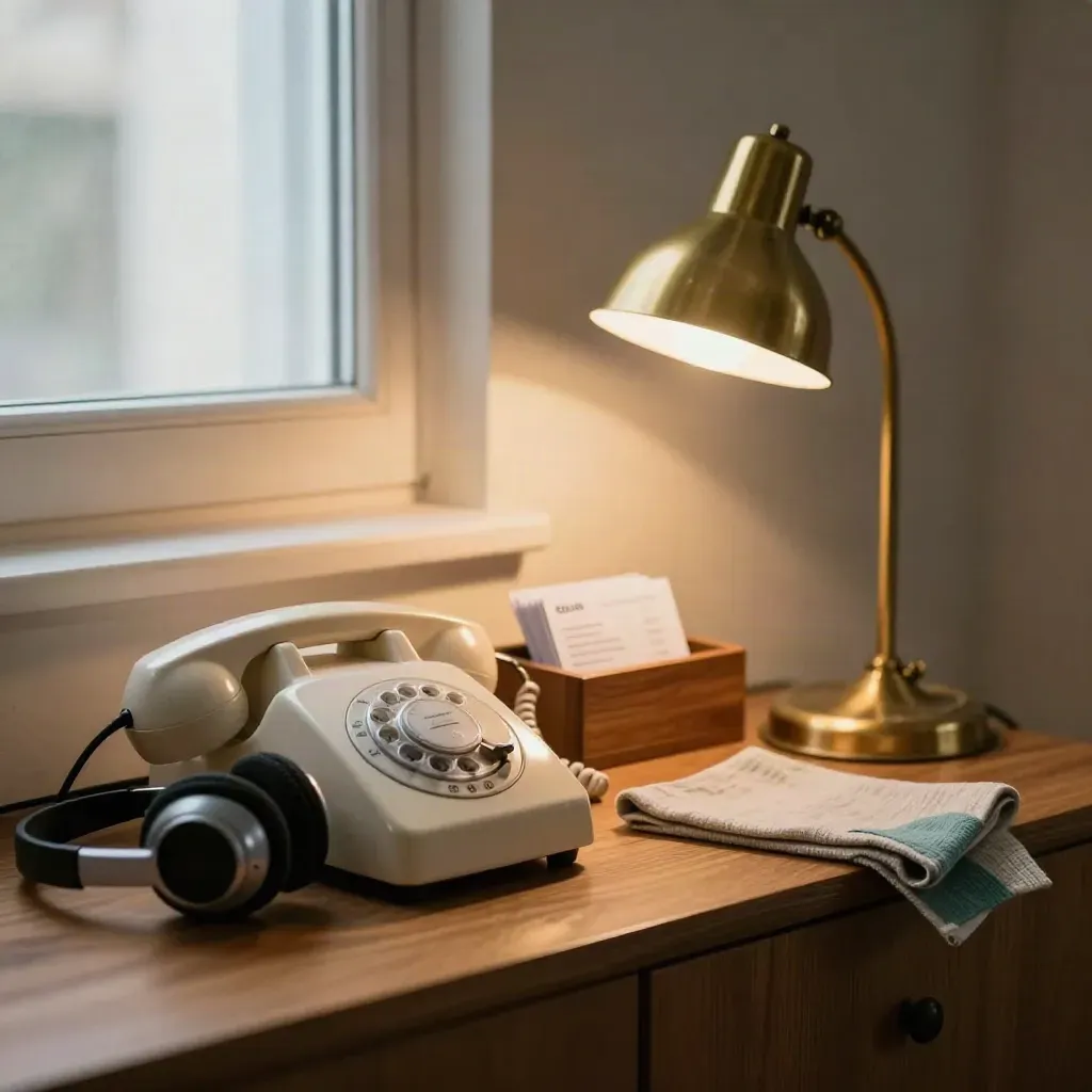 Rotary phone, headset, blank cards, and lamp on an oak sideboard in warm window light.