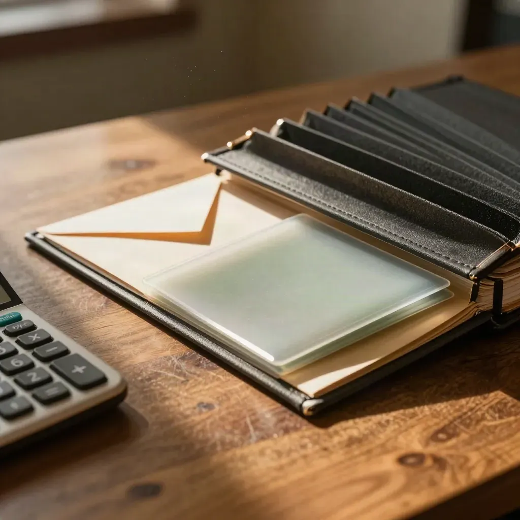 Macro still life of file folders, card sleeve, envelope and calculator on a wood counter