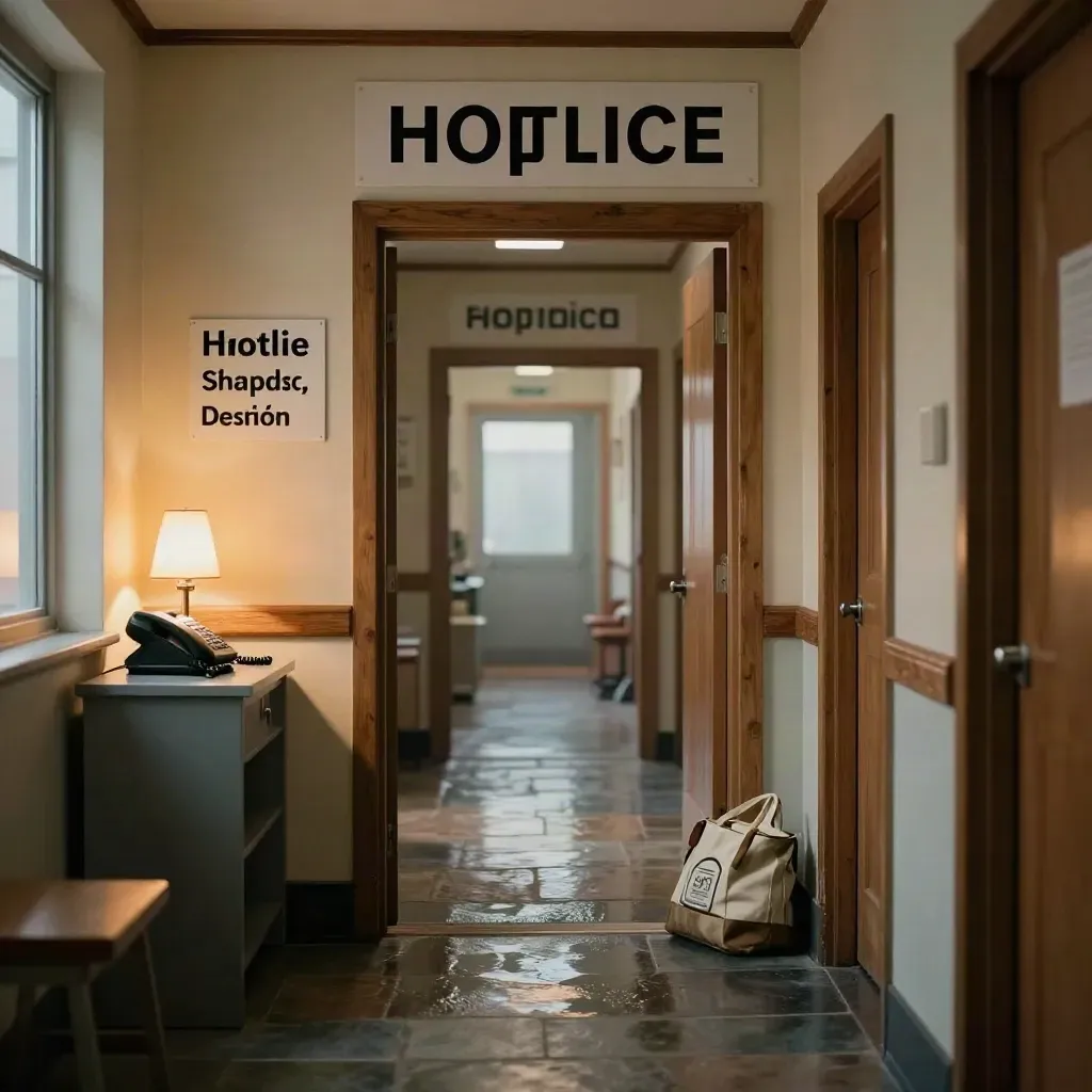 Late-night triage corridor with three open doorways, desk phone, lamp, and ready bag