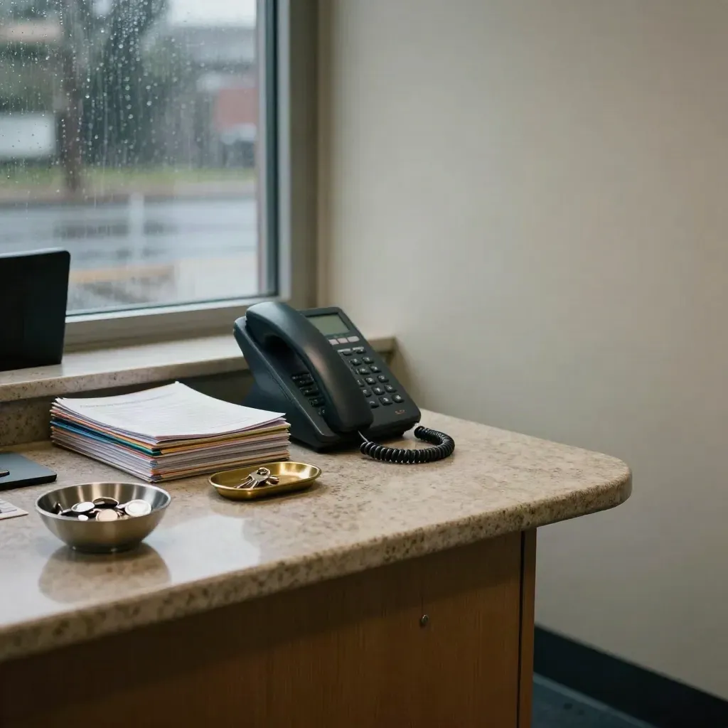 Rain-lit help-center counter with phone, referral binders, brass tray, and transit tokens in haze.