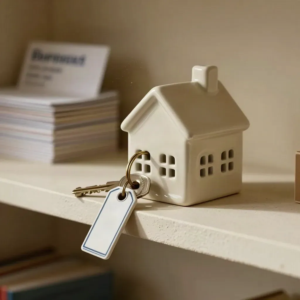 Ceramic house and brass key ring beside turned rental tags on a pale shelf.