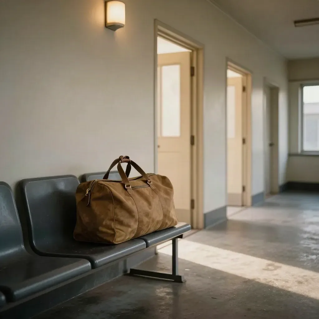 Empty shelter corridor with three lit doorways and an overnight duffel beside a bench.
