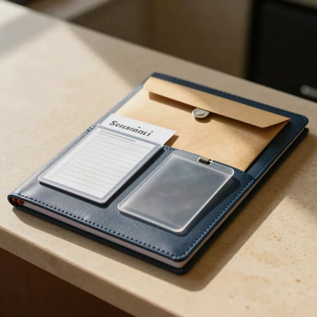 Accordion folder, ID sleeve, and utility envelope arranged as a ready benefits kit on stone.