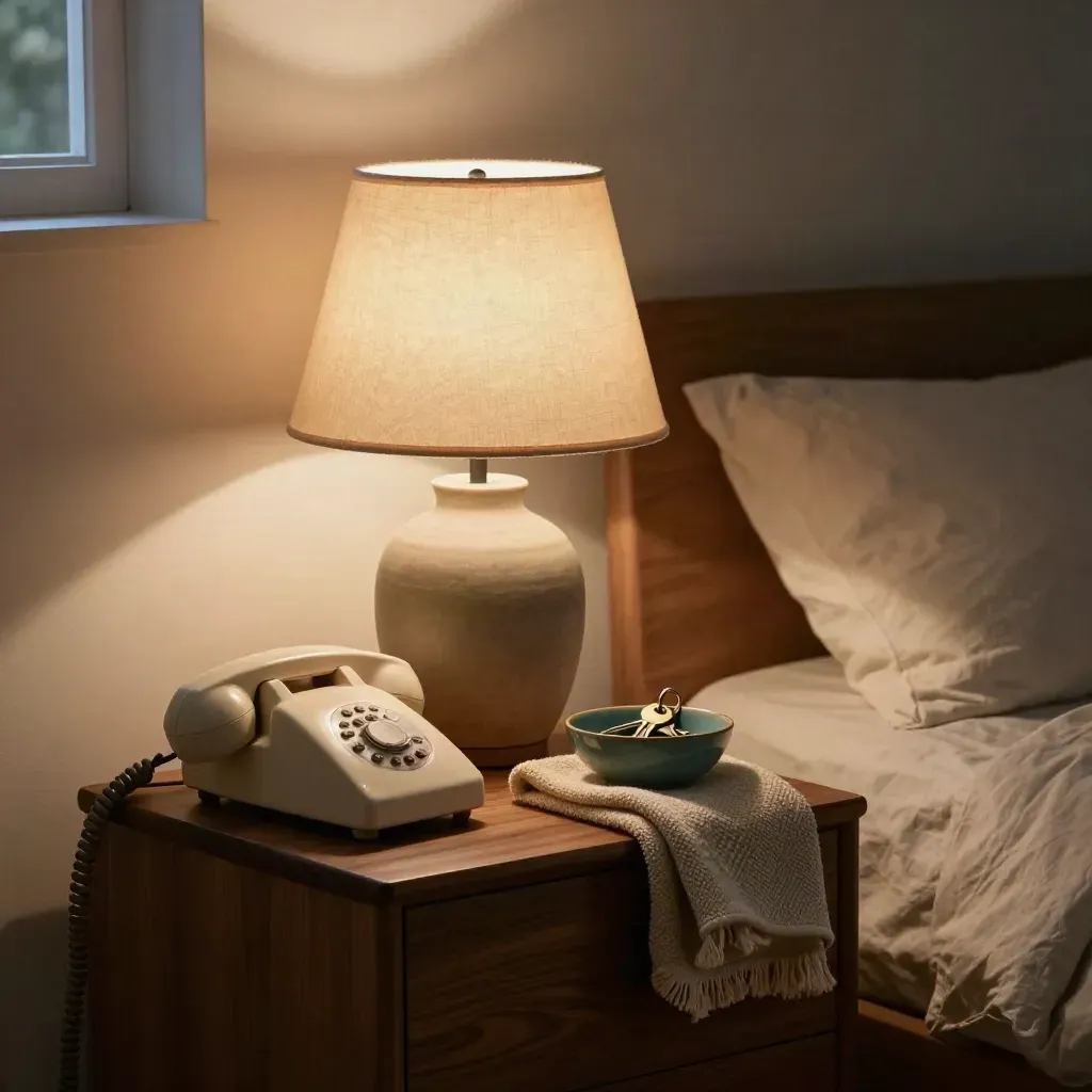 Bedside table with lamp, landline phone, folded throw and keys in a calm bedroom.