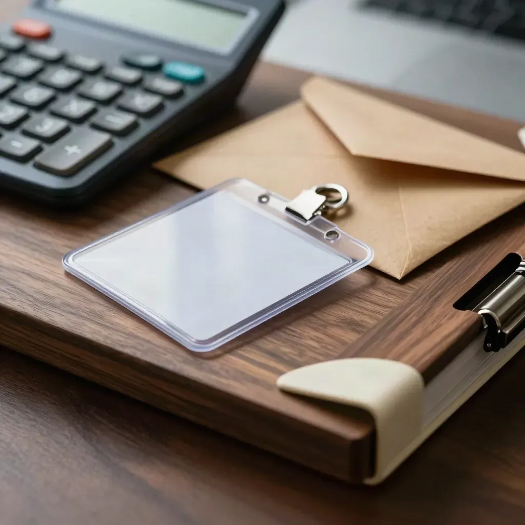 Dramatic benefits paperwork still life with a navy calculator, sealed envelope, ID sleeve and clipped file.