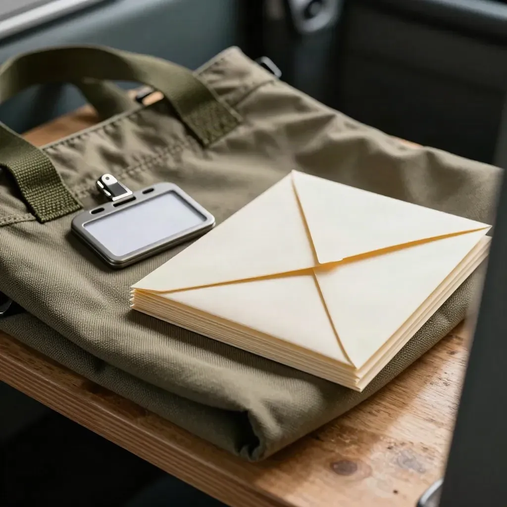 Canvas outreach tote, badge reels, and envelopes on a sunlit service shelf