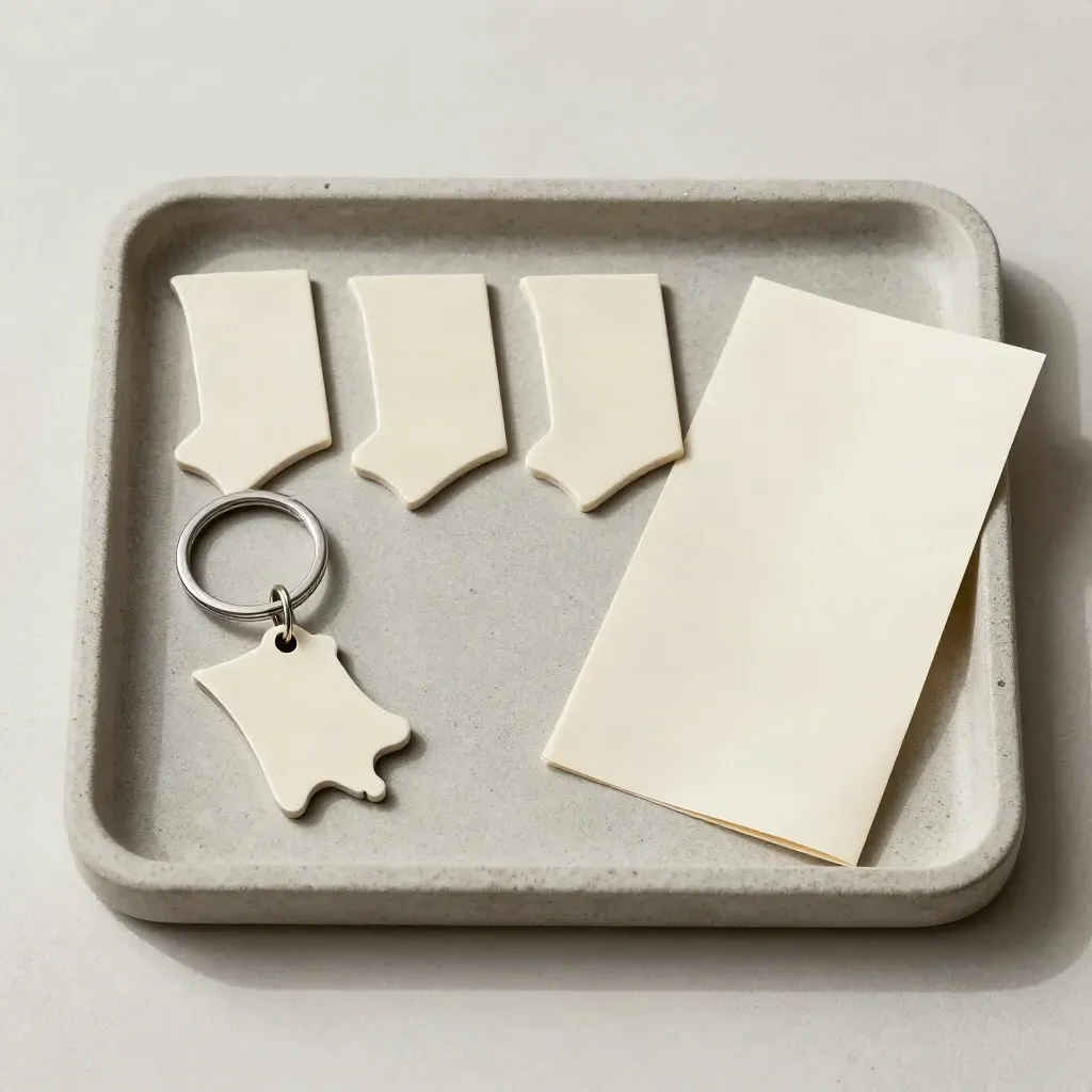 Overhead flatlay of category tokens, county keyring, and folded pocket map on a stone tray.