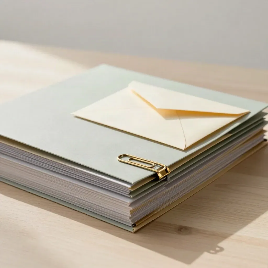 Folders, envelopes and a brass clip on pale wood in soft light