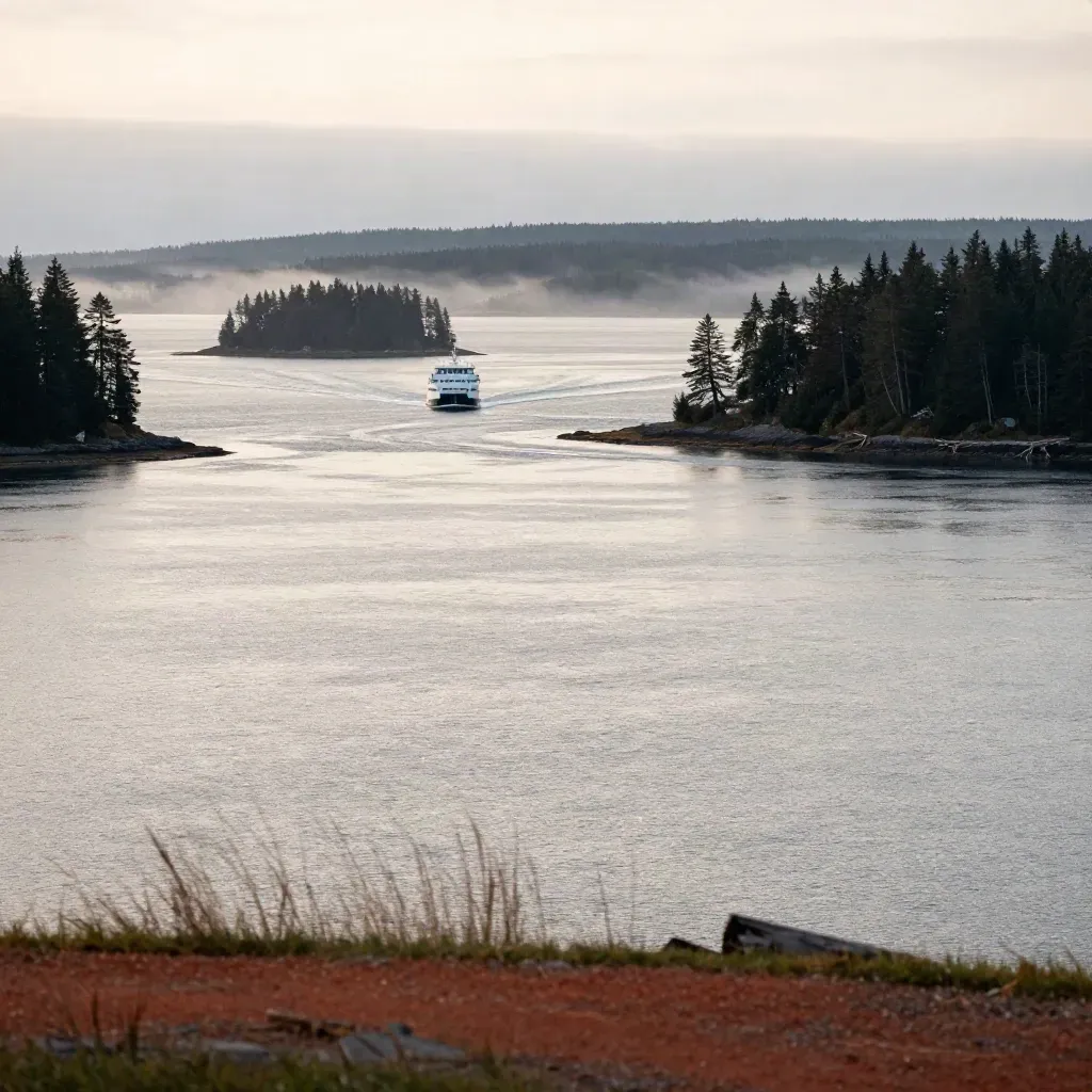 Silver inlet at sunset with evergreen shoreline and a fading ferry wake