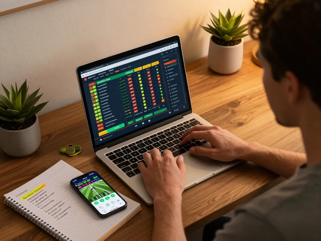 Engaging moment on trang chủ 78win with a user analyzing live sports odds on a laptop during online betting.