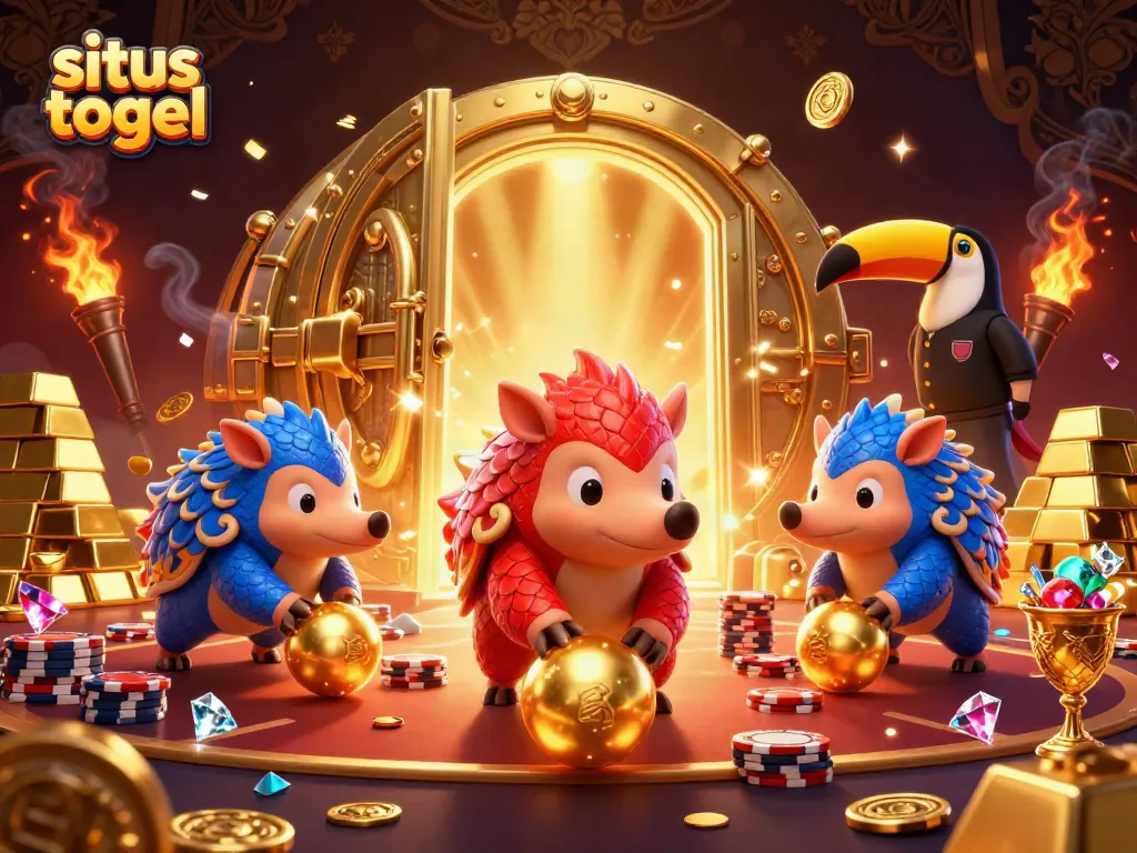 Experience excitement at situs togel with rival pangolins competing while surrounded by golden treasures and gambling elements.