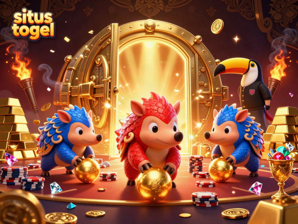Experience excitement at situs togel with rival pangolins competing while surrounded by golden treasures and gambling elements.