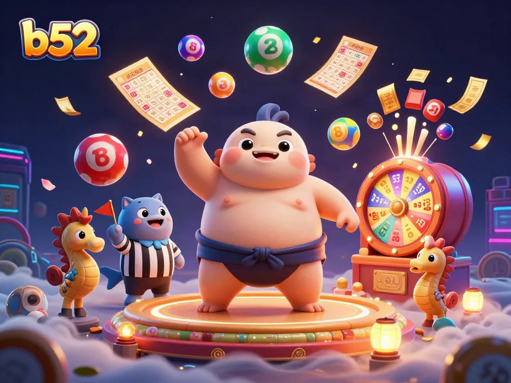 B52 game scene with a sumo-wrestler fugu, catfish referee, and lottery elements creating an exciting casino atmosphere.