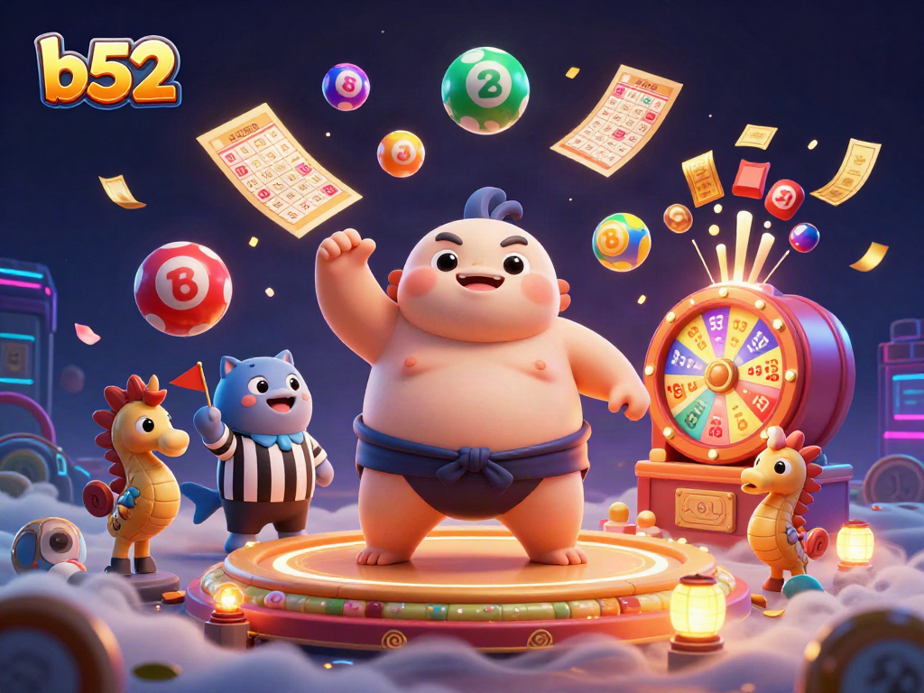 B52 game scene with a sumo-wrestler fugu, catfish referee, and lottery elements creating an exciting casino atmosphere.