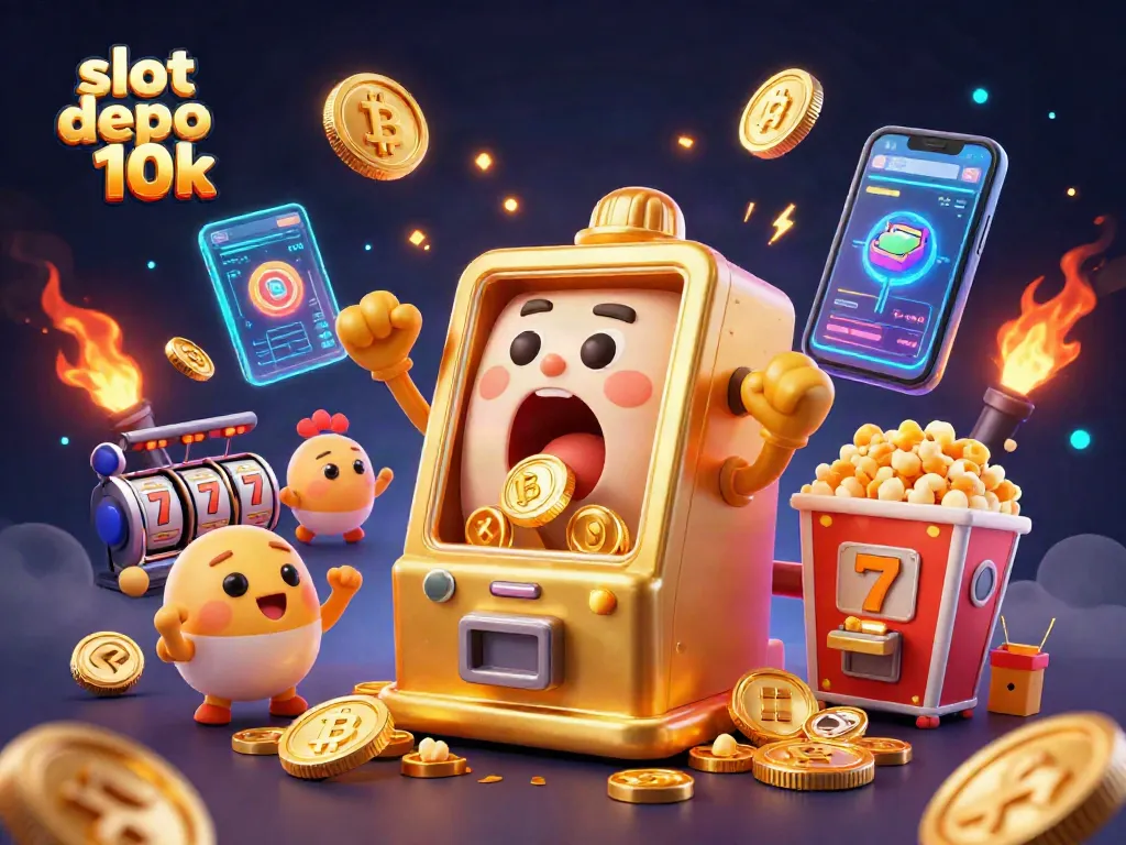 Experience the thrill of slot depo 10k with a golden slot machine hitting a jackpot in a vibrant casino scene.