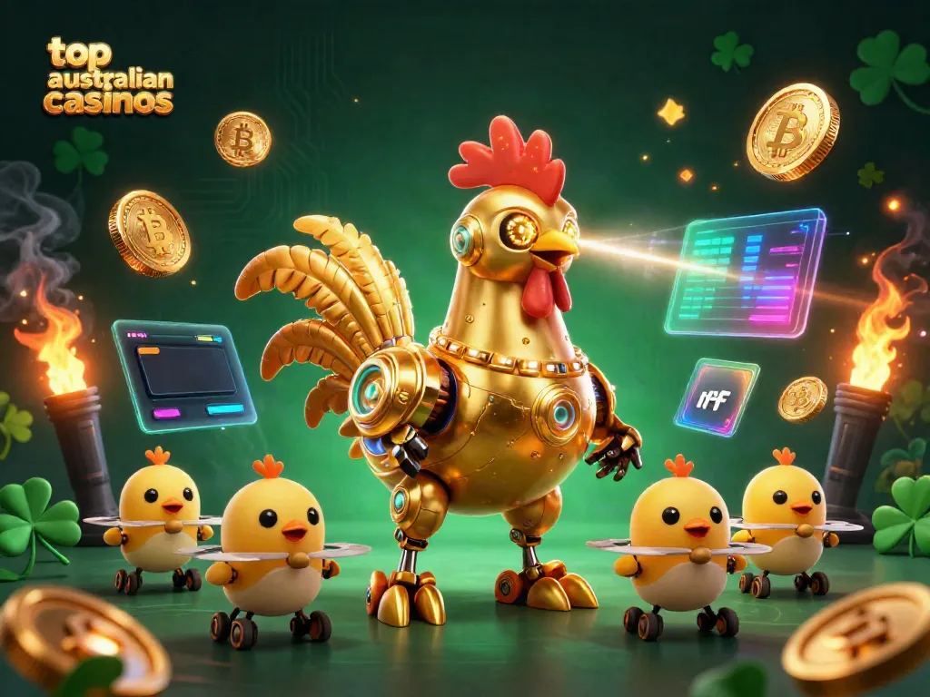 Experience top australian casinos with a vibrant scene of a golden rooster robot and chick drones amidst crypto elements.