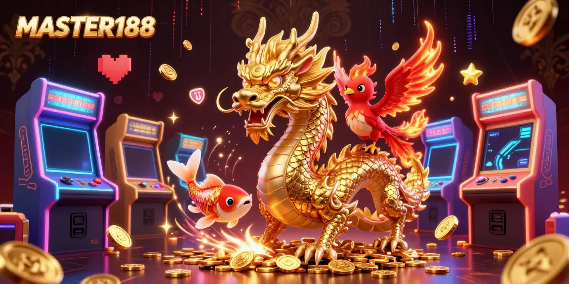 Engage with MASTER188, a vibrant 3D casino scene featuring a golden dragon and fun game elements.