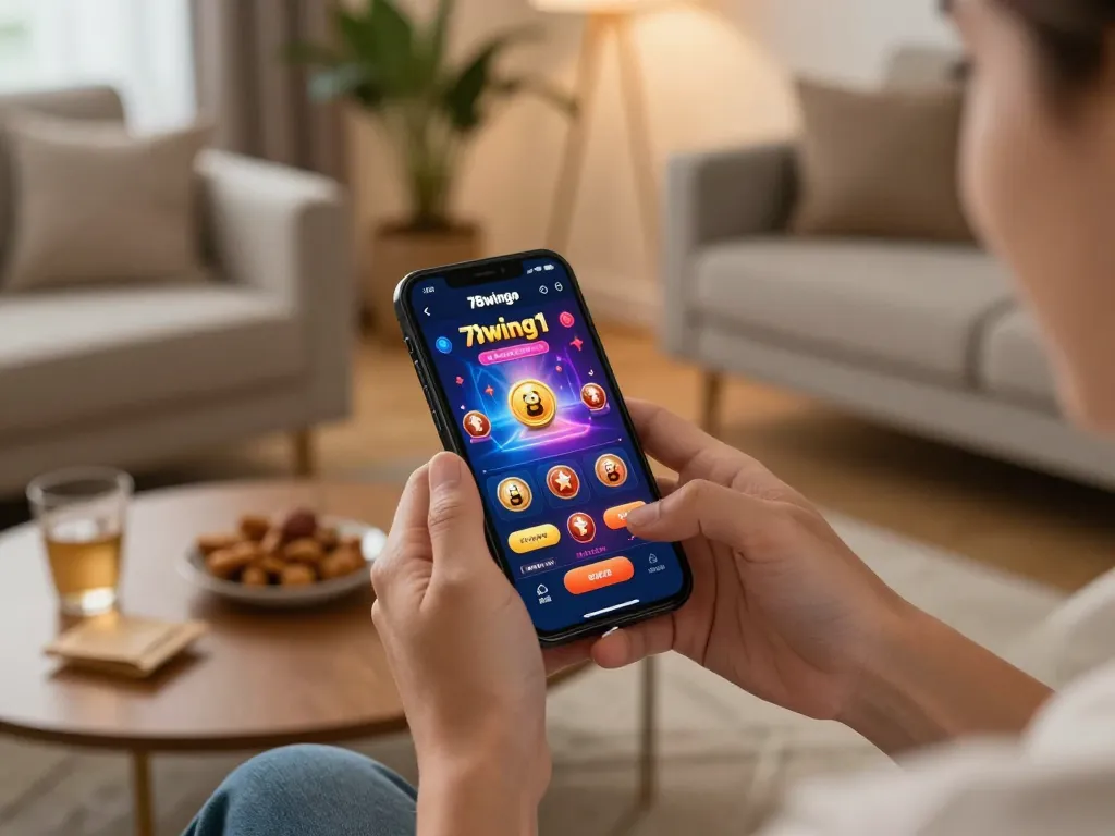Player enjoying a victorious moment on the 78wingo casino app in a stylish home setting.