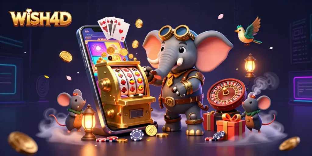 Spin the reels with WISH4D's vibrant slot machine featuring a steampunk elephant engineer.