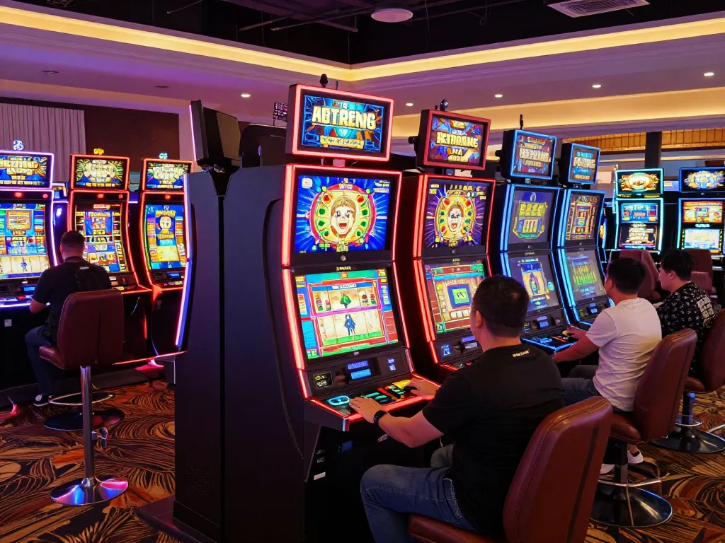 Players enjoying VENOM889 Alternatif slot machines in a bright casino filled with excitement.