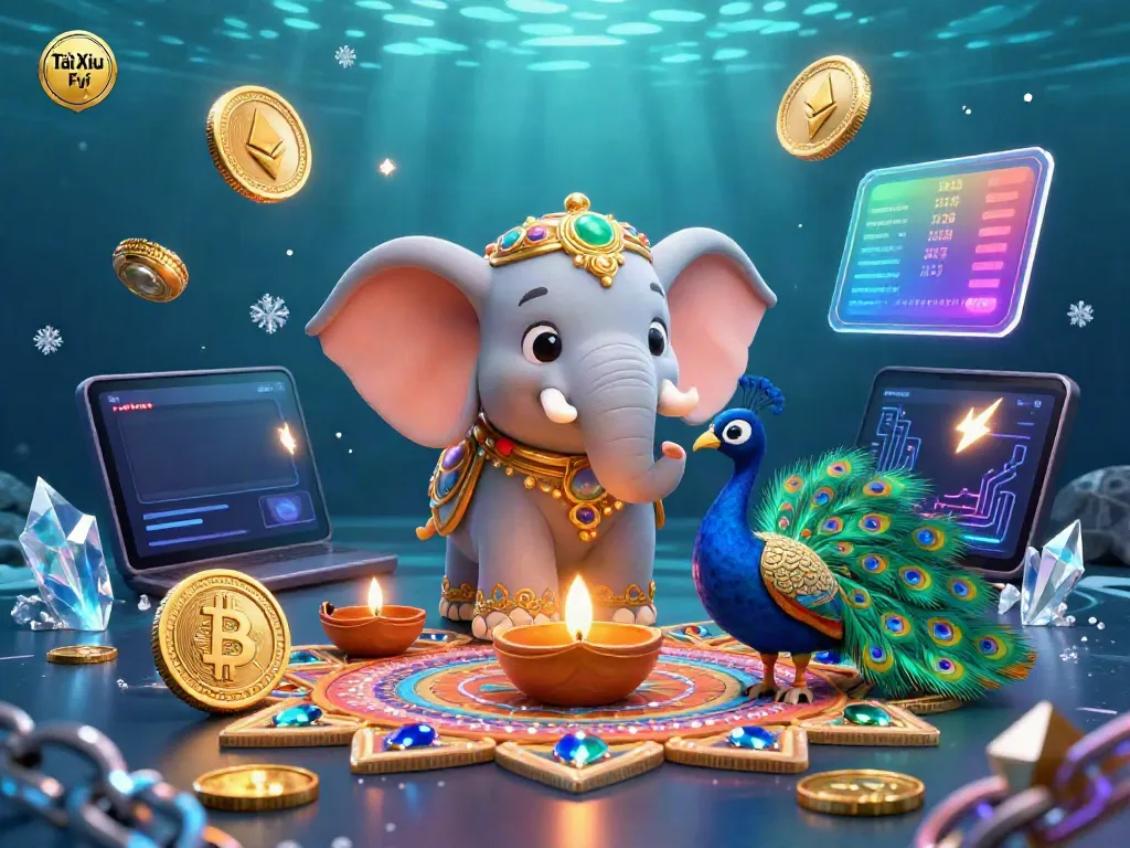 Tài Xỉu Fyi combines vibrant gaming elements in a dynamic 3D casino scene featuring a colorful elephant and crypto coins.