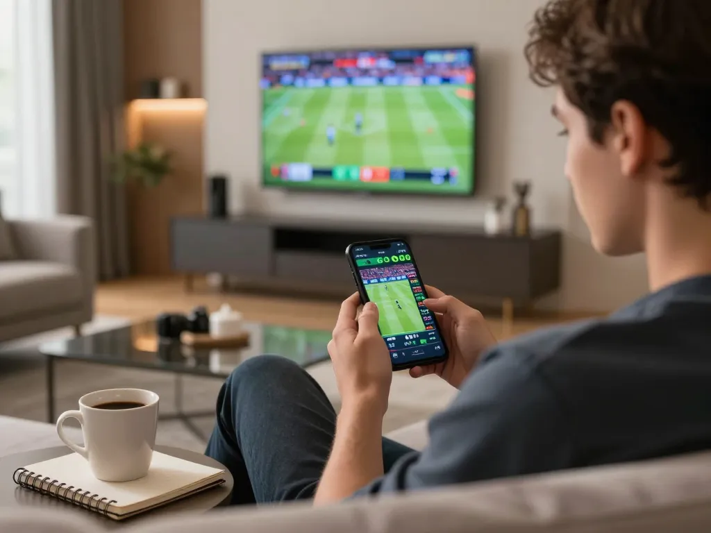 Engaging sports betting experience with sunwin app on smartphone in cozy home setting