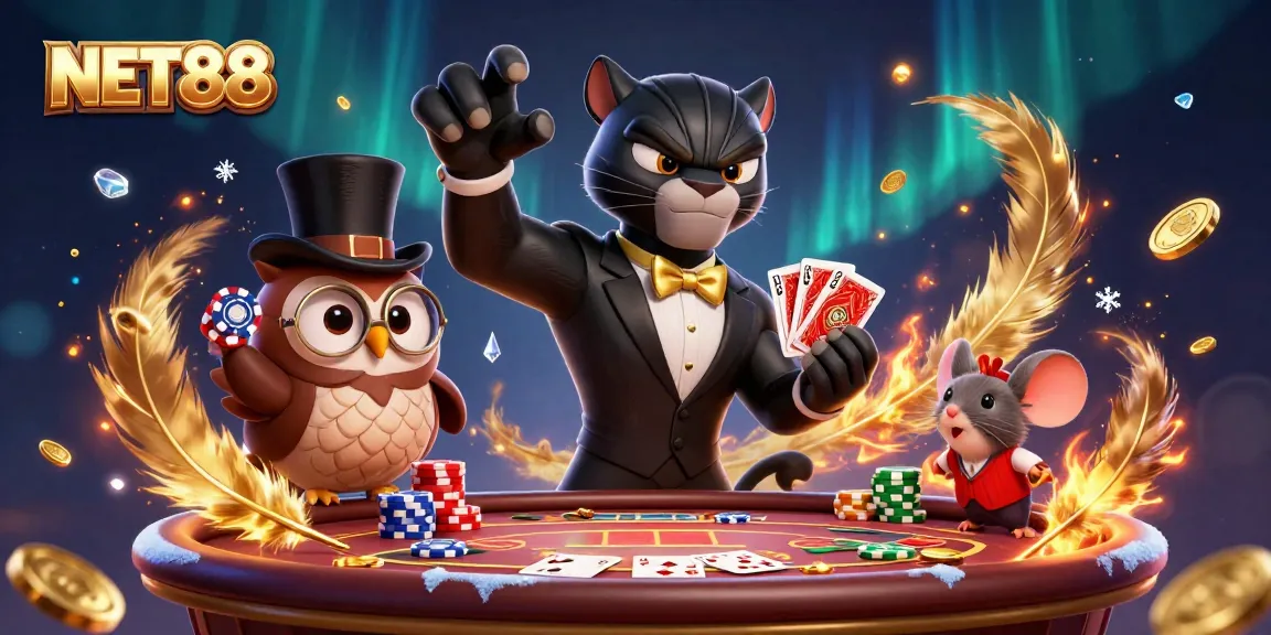 Engage with NET88 at the casino as the stylish panther deals cards at a vibrant poker table.