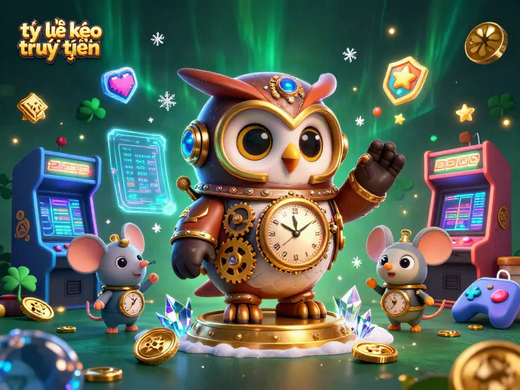 Engage with tỷ lệ kèo trực tuyến in a vibrant 3D casino scene featuring an owl and arcade games.