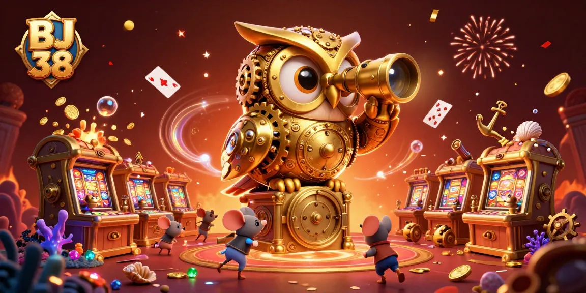 BJ 38 offers an engaging casino experience with golden owl, slot machines, and animated treasures.