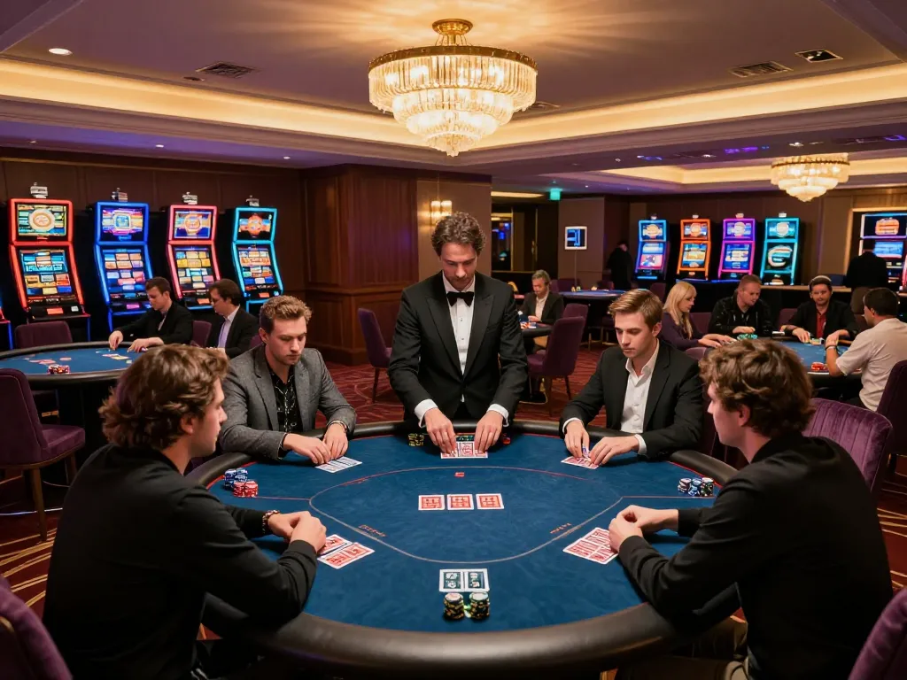 Players engage in a high-stakes poker game at a luxury casino while exploring hay88x gaming options.