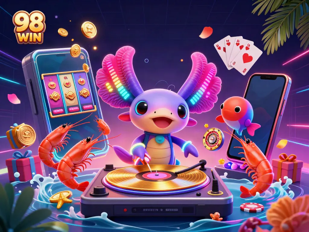 Experience thrilling gaming excitement at 98 WIN with a neon-themed casino scene full of vibrant characters and slot games.