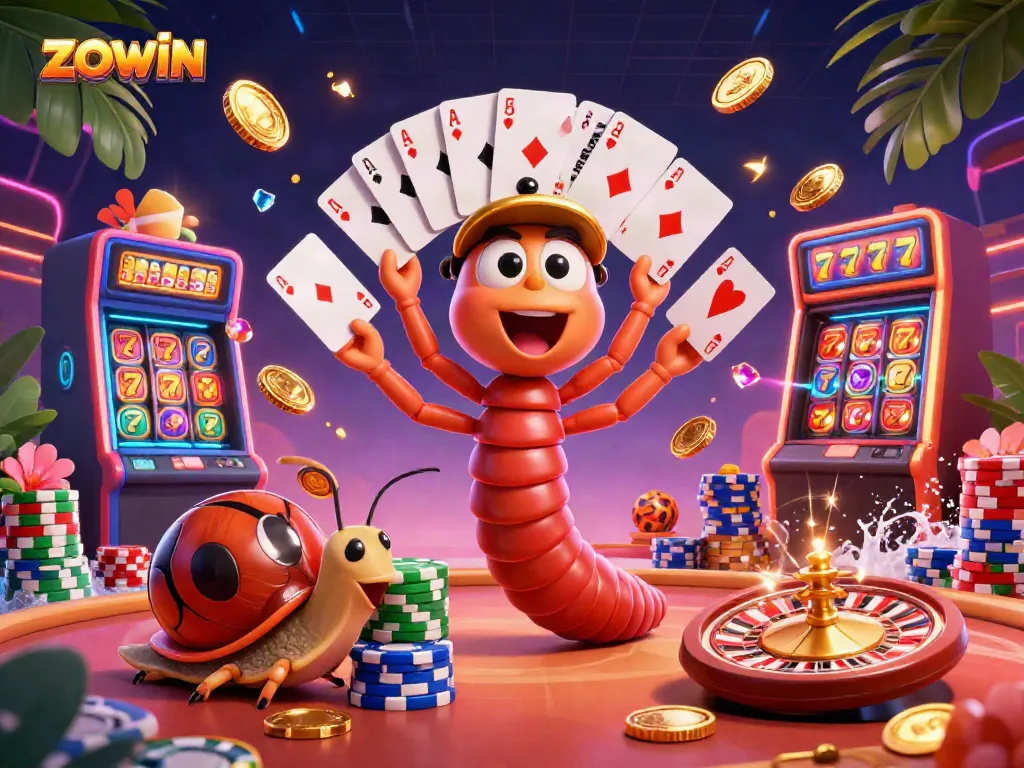 Experience the thrill of ZOWIN in a vibrant casino scene with a millipede dealer, high-roller snail, and excited pill bug.