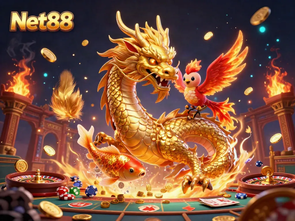 Engage in the thrilling world of Net88 with a majestic dragon and vibrant casino elements.