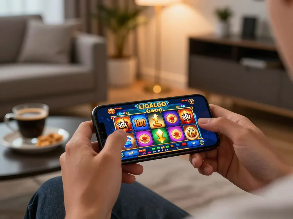 LIGALGO Gacor gameplay on a smartphone, showcasing interactive online gambling experience.