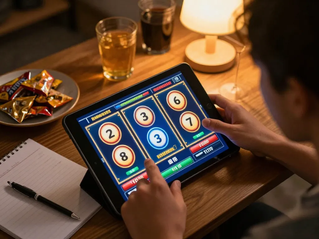 Engaging in online slot gameplay with a tablet, showcasing the Agen Slot experience in a cozy setting.