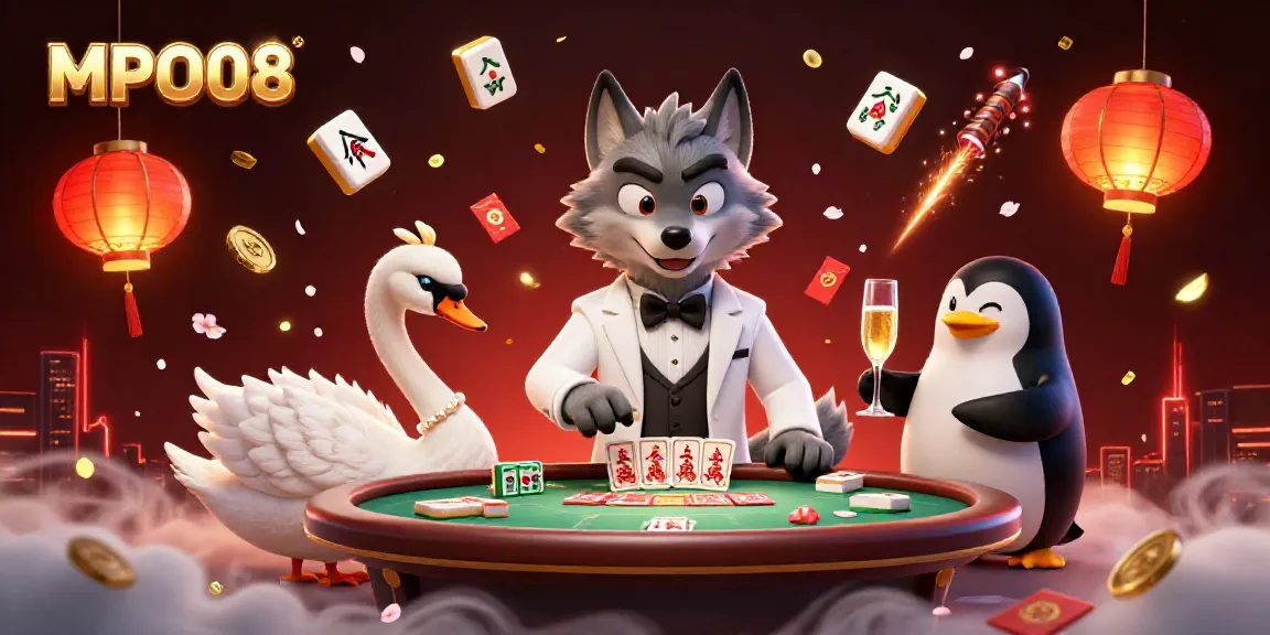 Engaging illustration of MPO08 showcasing a debonair wolf, swan dealer, and penguin sommelier in a vibrant casino scene.
