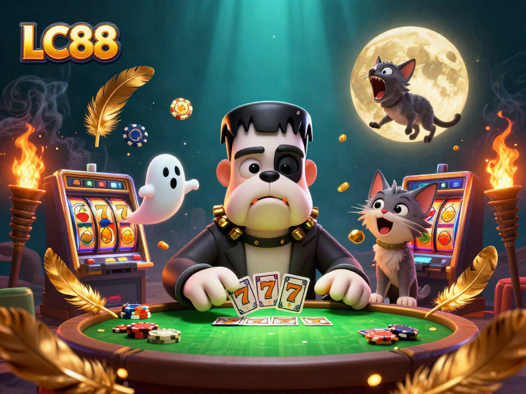 Engage with LC88's haunted casino scene featuring a Frankenstein bulldog and golden slot reels.
