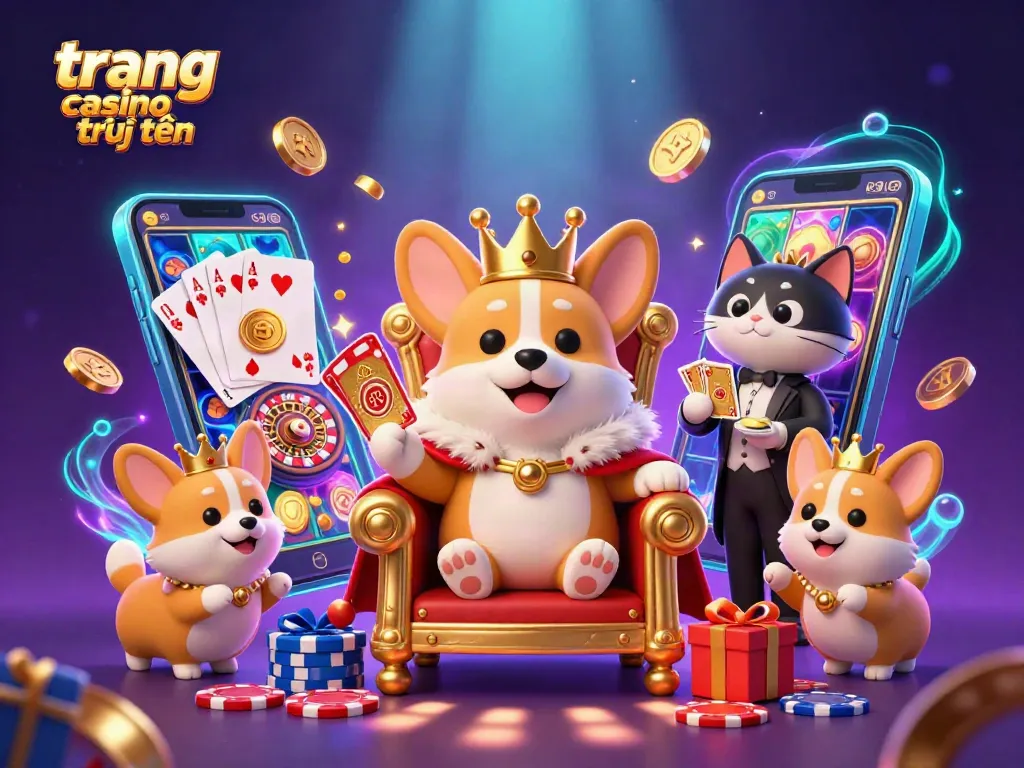 Thể hiện trang casino trực tuyến với các nhân vật 3D hoàng gia và các yếu tố trò chơi phong phú.