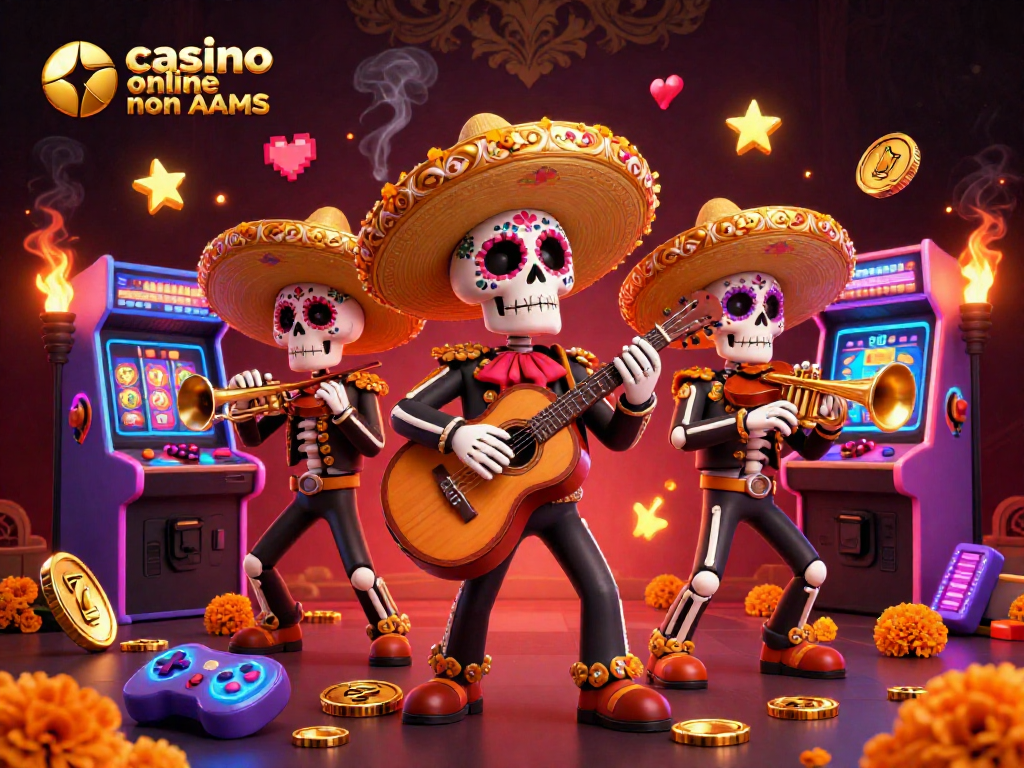 Gioca in un vivace casinò online non AAMS con un gruppo di scheletri mariachi che suonano strumenti, circondati da elementi di gioco colorati.