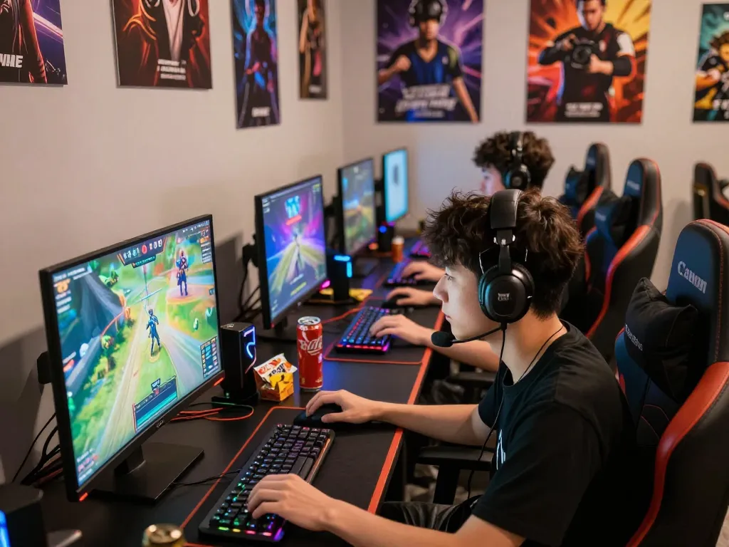 Young adults gaming together at their Autowin88 setup, colorful LED lights enhance the exciting atmosphere.
