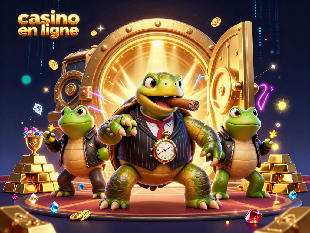 Jouez à un casino en ligne avec une illustration captivante de personnages animés offrant des trésors scintillants.